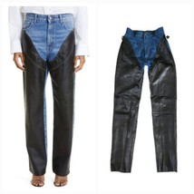 Vintage Pioneer Wear Denim Leather Western Chap panelled jeans W24&quot; - £120.55 GBP