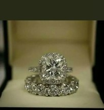 Cushion Simulated Diamond Halo Bridal Set 14K White Gold Plated 3.Ct Ring - £53.58 GBP