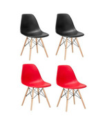 2 Red Black Eiffel Plastic Shell Dining Side Chairs Wood Dowel Leg Base - $172.89