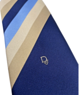 Vintage DIOR Necktie Christian Dior Designer Navy Blue Tan Beige Stripe ... - $50.90 CAD