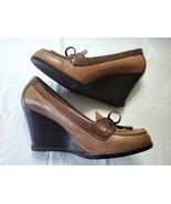 LIZ &amp; CO Womens 7 1/2M Brown Leather Wedge Loafers Career Pumps Handmade - £20.01 GBP