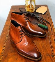 Handmade men&#39;s Bespoke calf tan Leather lace up Chukka boots US 5-15 - £109.34 GBP