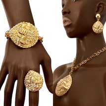 Bright Gold Tone Exuberant Statement Pendant Necklace Ring Bracelet Earrings Set - £48.60 GBP