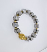 Rich Gold Tone Accent Beads W/ Crystal Faucut Square Beads Magnetic Bracelet  - £14.49 GBP