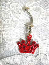 Red Enamel Queen Of Love Heart Gem Crown W 14g Clear Cz Stone Belly Button Ring - £4.71 GBP