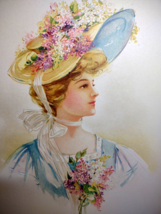 Victorian Art Print Women Fancy Flower Hat With Bouquet Lithograph 1908 Original - £23.48 GBP