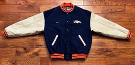 Nike Denver Broncos NFL Varsity Letterman Jacket XL Blue Wool w/ Leather Sleeves - £84.87 GBP