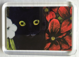 Cat Art Acrylic Small Magnet - Black Cat with Red &amp; White Flowers - $4.00