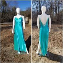 Vtg 90s Niki Livas Irridescent Green Satin Bias Open Back Cocktail Dress... - £68.15 GBP