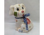 White Puppy Dog With Flowers And Plaid Blue White Bow Glossy Ceramic Coi... - $19.59