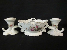 Console Set White Porcelain w/ Roses &amp; Gold, Bowl, Candle Holders - Japa... - £18.75 GBP