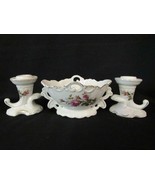 Console Set White Porcelain w/ Roses &amp; Gold, Bowl, Candle Holders - Japa... - £19.02 GBP