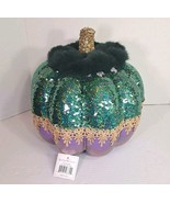 December Diamonds 08-08389 Teal Sequin Pumpkin w/ Fur 12&quot; Fancy Decor Ho... - $56.06