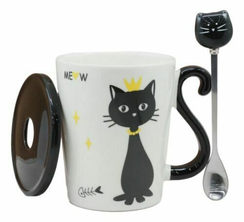 Witchy Black Cat With Golden Crown Ceramic Coffee Tea Mug Cup With Spoon And Lid Item image 5