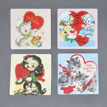 Valentines Day Vintage Retro Style Kittens Puppies Cats Dogs 3x3 Magnet Set of 4 - £9.58 GBP