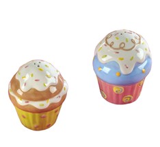 Cupcake Salt and Pepper Shaker Set Decorated Ceramic 3&quot; High Pink Blue P... - £13.97 GBP