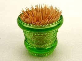 Green  Glass Toothpick/Votive Holder, Holly Leaf Pattern, Sawtooth Rim, ... - $19.55