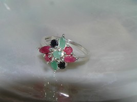 Estate 925 Marked Silver Band with Pink Green &amp; Blue Gemstones Flower Ring Size  - £14.86 GBP