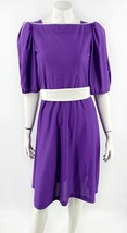 VTG 70s Jerri Gee Dress Sz 7 Purple White Polka Dot Belt Tie Waist Puff Shoulder - £51.28 GBP