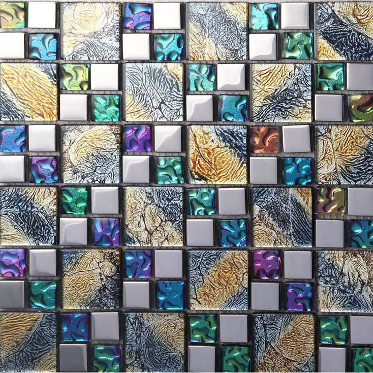 Iridescent Mosaic Tile Plated Crystal Glass Backsplash Kitchen Designs Bathroom