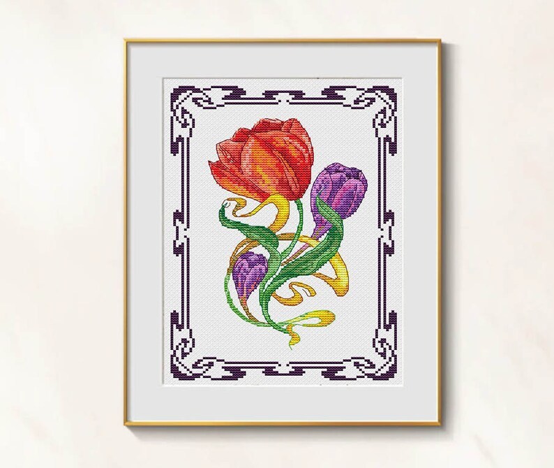 Crocus cross stitch red tulip pattern pdf - Victorian ornament cross sti... - $8.99
