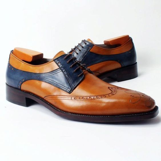 New Handmade Men Blue Brown Two Tone Wing Tip Formal Dress Oxford Classical Shoe