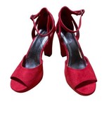 Womens High Block Heel Ankle Strap Open Toe Red Faux Suede Shoes Size 8.5 - $19.75