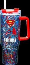 Superman Flying Under &quot;S&quot; Logo 40 oz Glitter Acrylic Double Wall Travel Mug NEW - £16.43 GBP