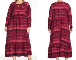 Terra &amp; Sky Rouge &amp; Rose Rayure Différencié Long Manche Paysan Robe Maxi Taille - £15.57 GBP