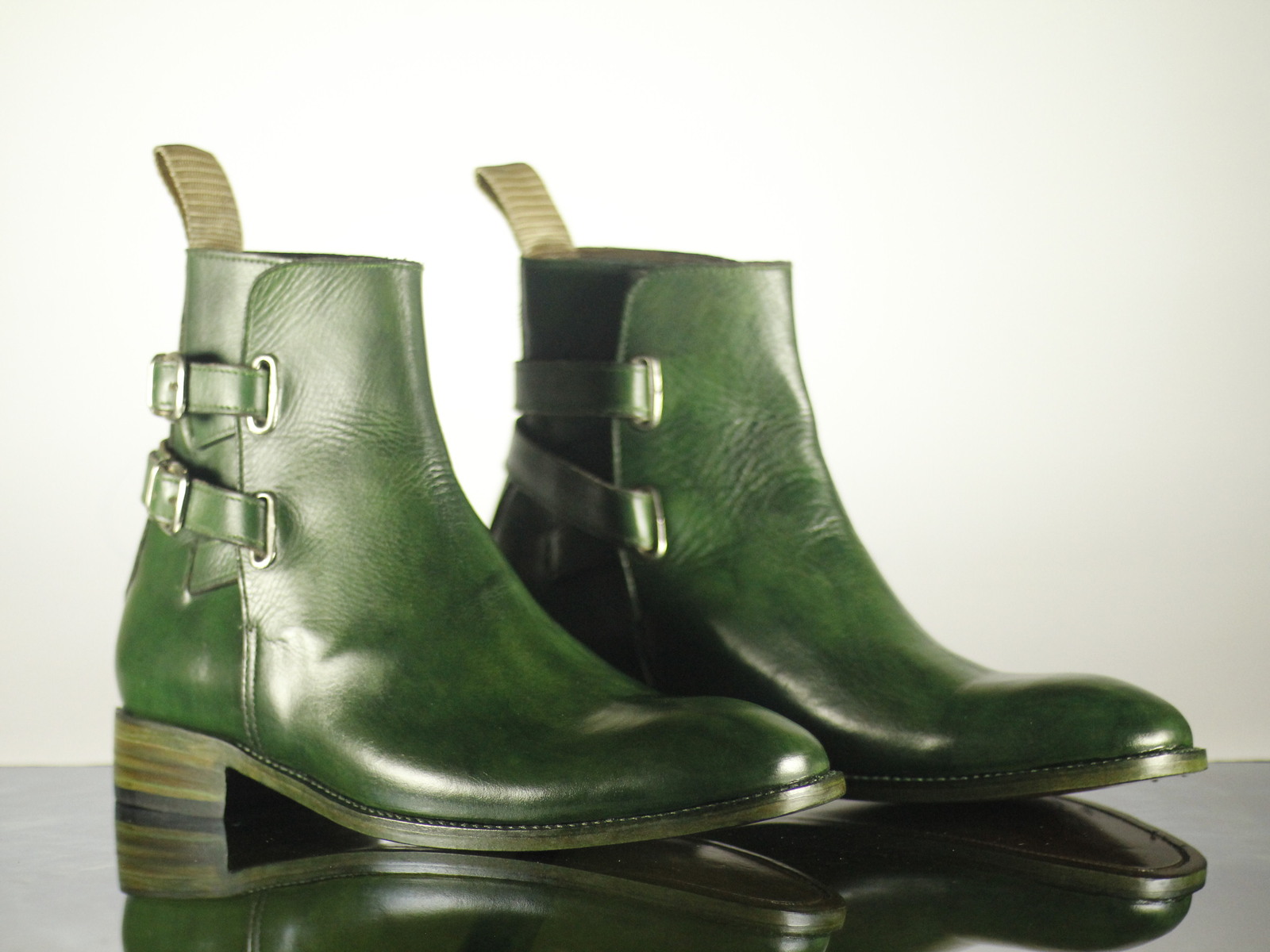 Handmade Men Green Leather Jodhpurs Ankle Double Strap Boots, Men Designer Boots