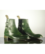 Handmade Men Green Leather Jodhpurs Ankle Double Strap Boots, Men Design... - £128.67 GBP