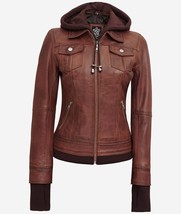 Women&#39;s Lambskin Leather Jacket With Removable Hood Distressed Leather J... - £53.59 GBP+