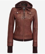 Women&#39;s Lambskin Leather Jacket With Removable Hood Distressed Leather J... - £54.13 GBP+