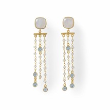 14K Yellow Gold Finish Tassel Chains Moonstone Beads Chandelier Wedding Earrings - £135.53 GBP