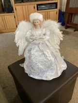 Vintage 15&quot; Christmas Tree Topper Angel with Fur Hat And Muff All White With Tie - £16.40 GBP