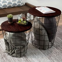 Nesting End Tables Metal Basket Cherry Top Storage Furniture Accent Home Decor - £130.19 GBP