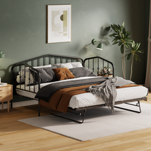 Twin Size Stylish Metal Daybed with Twin Size Adjustable Trundle, Portable Foldi - £199.75 GBP