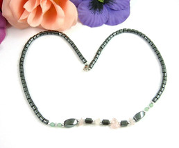 Necklace Vintage Genuine Hematite Barrel Beads Pink &amp; Green Stone Beads 19&quot; - £13.62 GBP