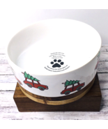 Feed Bowl Ceramic on Wood Base 3.5"x6" Red Truck Christmas Tree Dog Water - $17.77