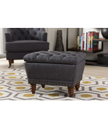 Riona Dark Gray Fabric, Walnut Wood Finished Button-Tufted Storage Ottoman - $3,184.50 MXN