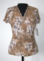 Emma James Blouse Small V Neck Cap Sleeves Top Beads Lace Brown Black NEW - £26.56 GBP