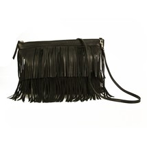Stella Rittwagen Black Leather Boho Hippie Shoulder Bag with Fringes Han... - $108.90