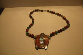 Abalone, Bayong Wood &amp; Jade Inlay ~STERLING SILVER ~Turtle Necklace - £19.60 GBP