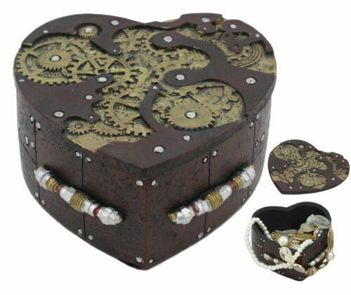 Vintage Painted Clockwork Gears Steampunk Heart Box Figurine 4.5&quot;Wide Va... - $27.99