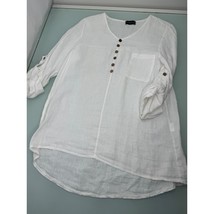 Terzo Millennio Women&#39;s Top Shirt Tab Roll Up Sleeve 100% Linen White Medium M - £23.33 GBP