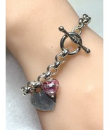 Italy Sterling Silver 925 Glass Pink Heart Charm Toggle Rolo Links  Brac... - $73.90