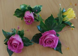 Artificial Silk Pink, Red &amp; Yellow Rose,Diamante,Wedding Groom Buttonhole Flower - £8.74 GBP+