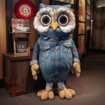 Cream Owl mascot costume character dressed with a Denim Shirt and Earrings - £948.58 GBP