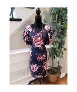 Beware Dress Women 1X Navy Pink Floral Ruffle Sleeve Stretch Bodycon Plu... - $38.88 CAD