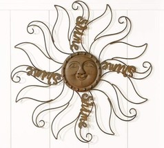 Golden Sun Wall Plaque Iron 22&quot; Diameter Astrology Smile Textural Detailing - £31.57 GBP